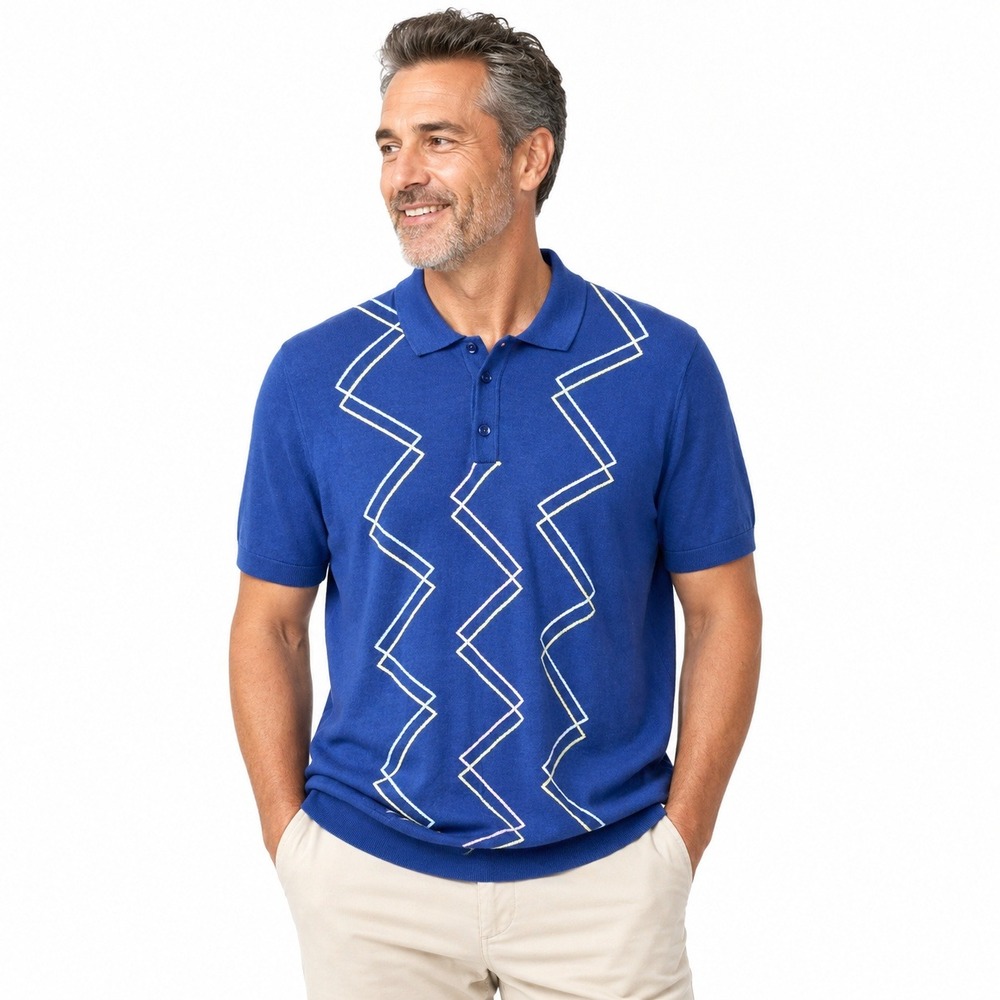 Eight X Mens 2XL Knitted Polo Shirt Blue Zig Zag Old Money Retro‎ Golf Resort